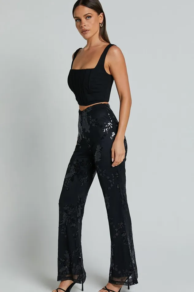Ortiz Pants 8211 High Waist Straight Leg Sequin Pants In Black Floral Women Showpo Pants