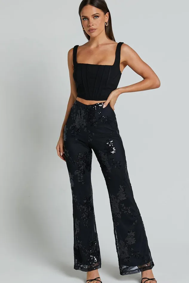 Ortiz Pants 8211 High Waist Straight Leg Sequin Pants In Black Floral Women Showpo Pants