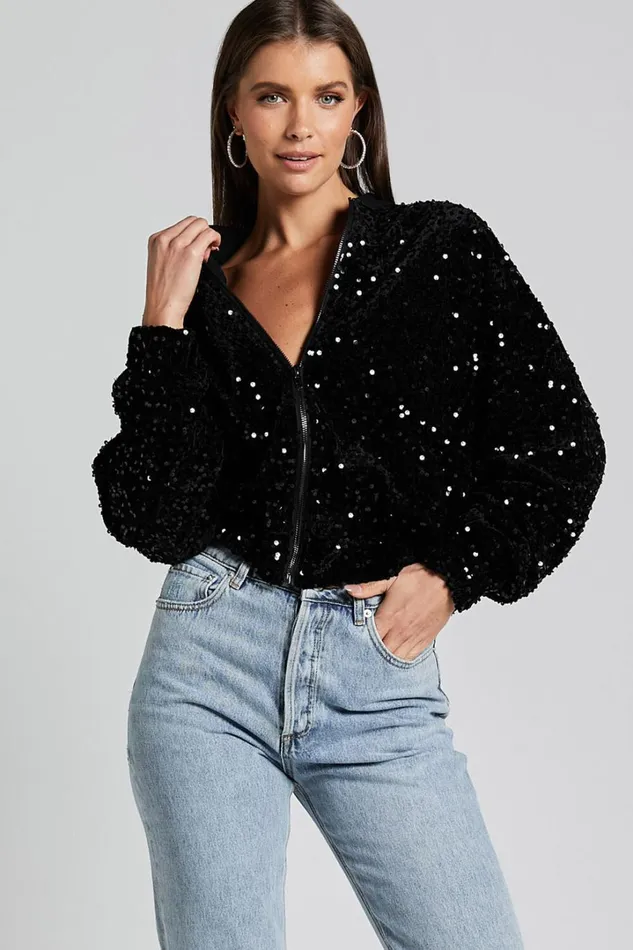 Poinsettia Jacket 8211 Sequin Bomber In Black Women Showpo Jackets and Coats