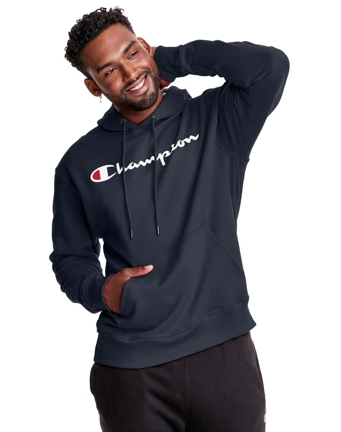 Powerblend Hoodie Script Logo Navy Men Champion Hoodies and Sweatshirts