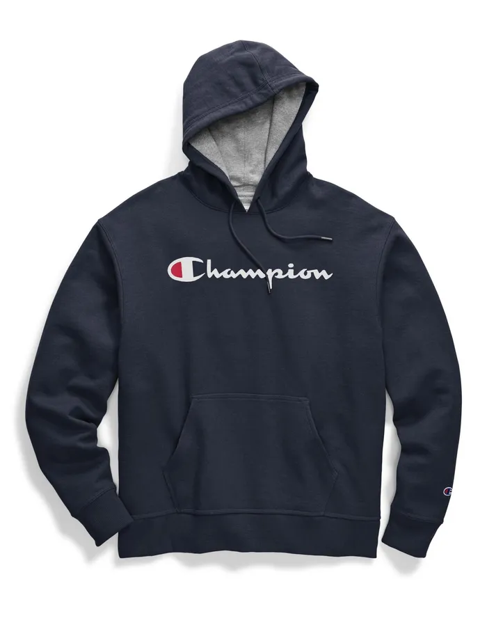 Powerblend Hoodie Script Logo Navy Men Champion Hoodies and Sweatshirts