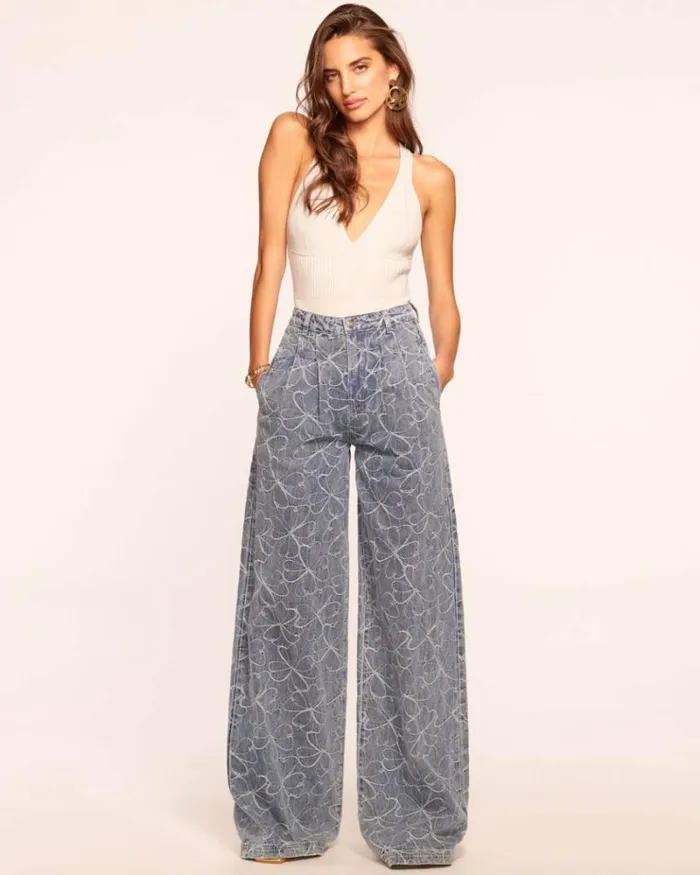 Ramy Brook Denim Women Adley Embroidered Wide Leg Jean Indigo Floral