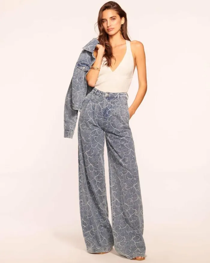 Ramy Brook Denim Women Adley Embroidered Wide Leg Jean Indigo Floral