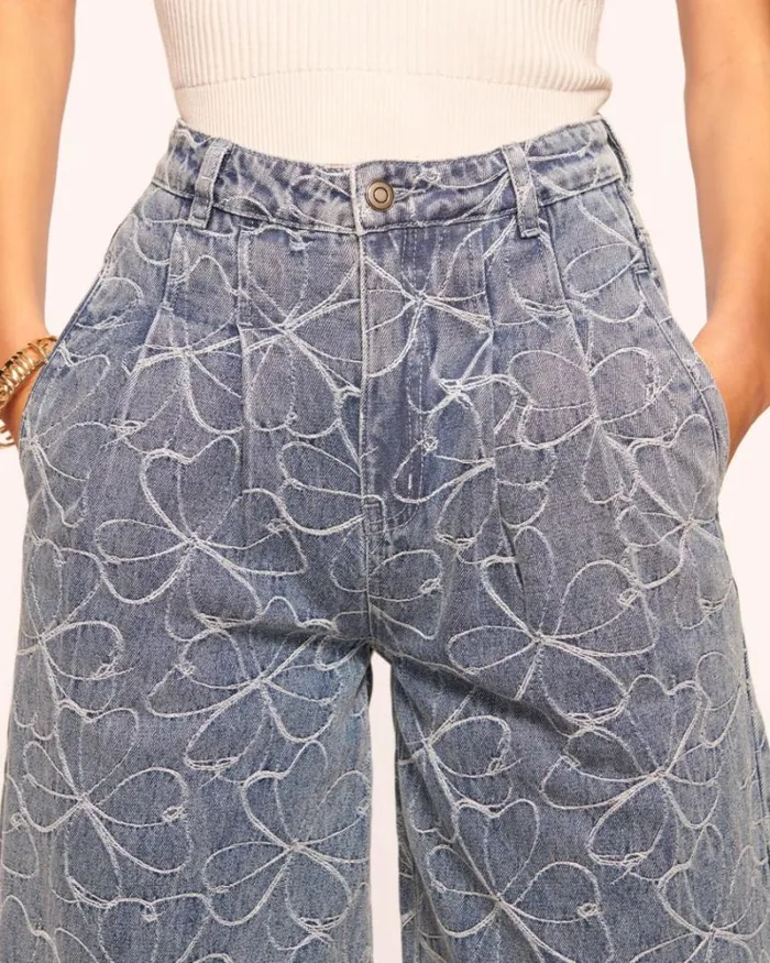 Ramy Brook Denim Women Adley Embroidered Wide Leg Jean Indigo Floral