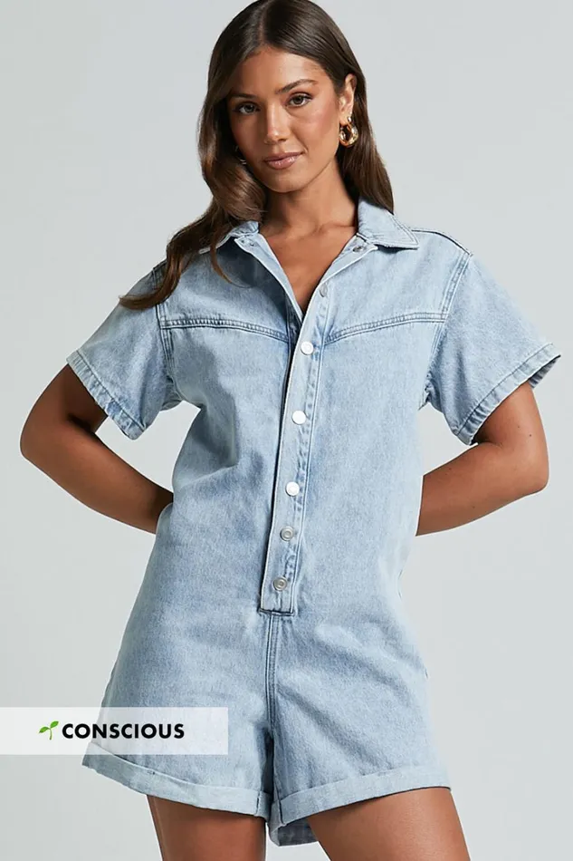 Reid Playsuit 8211 Button Through Denim Playsuit In Light Blue Wash Women Showpo Denim