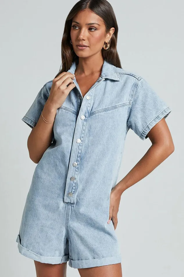 Reid Playsuit 8211 Button Through Denim Playsuit In Light Blue Wash Women Showpo Denim