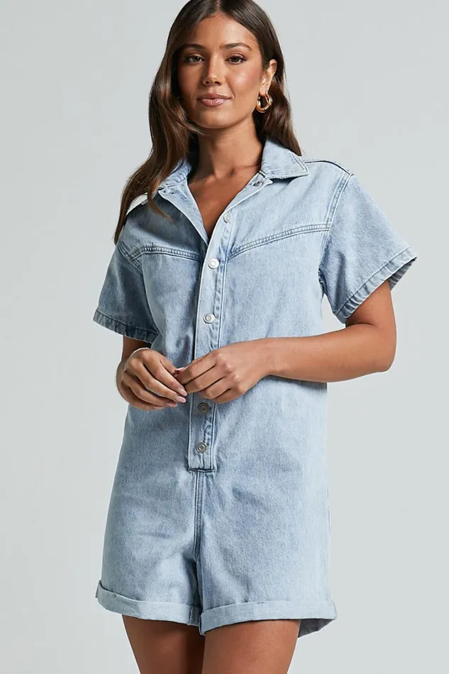 Reid Playsuit 8211 Button Through Denim Playsuit In Light Blue Wash Women Showpo Denim