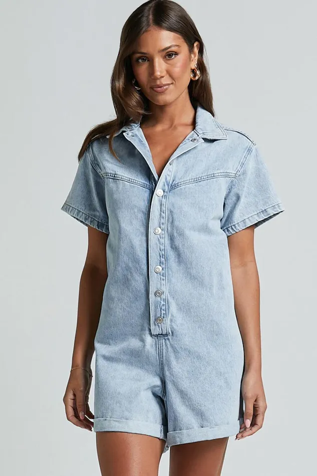 Reid Playsuit 8211 Button Through Denim Playsuit In Light Blue Wash Women Showpo Denim