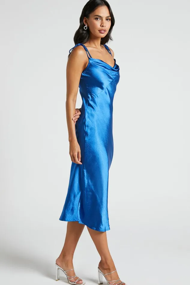 Romilly Midi Dress 8211 Tie Strap Cowl Neck Satin Dress In Cobalt Women Showpo Dresses