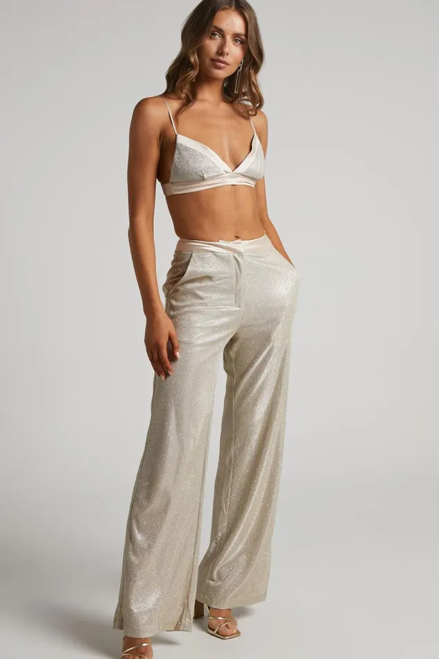 Sharleez Pants 8211 Glitter High Waisted Tailored Wide Leg Pants In Gold Women Showpo Pants