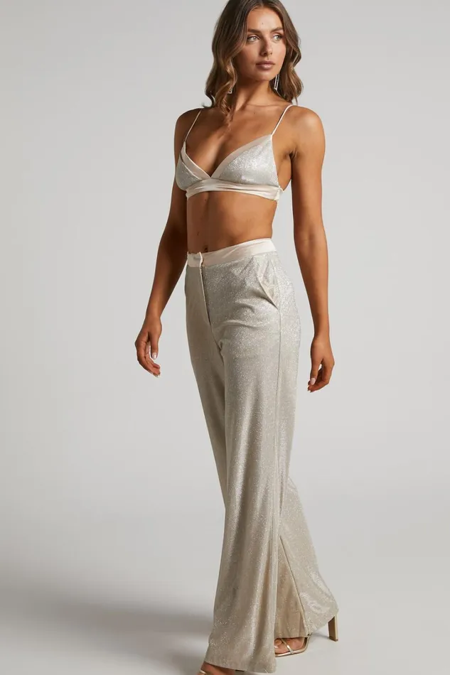 Sharleez Pants 8211 Glitter High Waisted Tailored Wide Leg Pants In Gold Women Showpo Pants