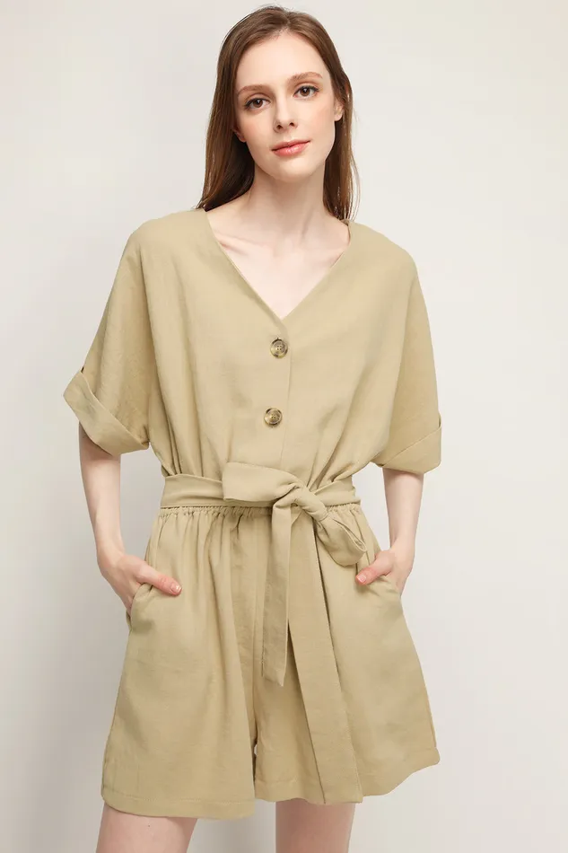 Storets Belle Vneck Linen Romper Women Jumpsuits