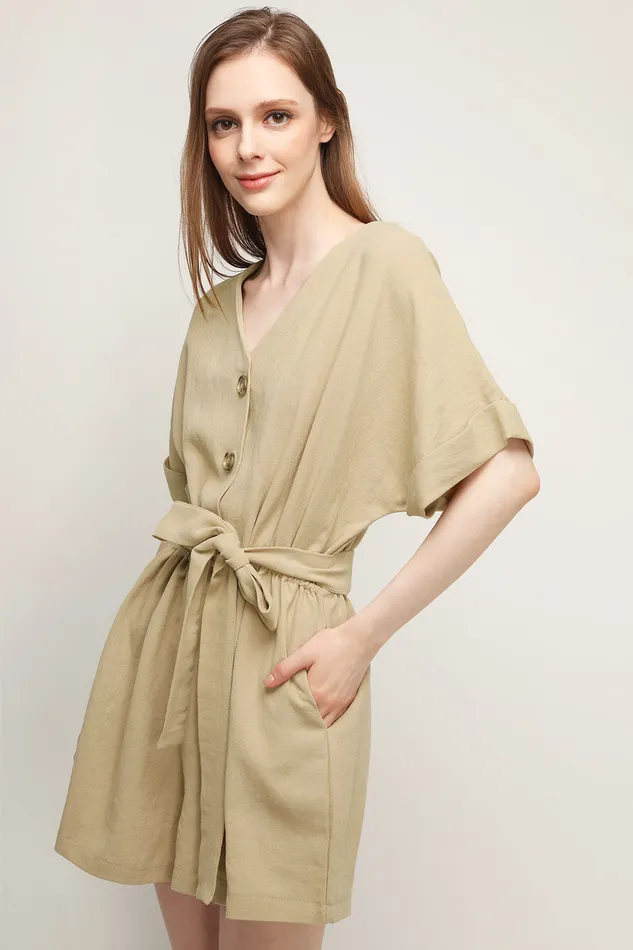 Storets Belle Vneck Linen Romper Women Jumpsuits