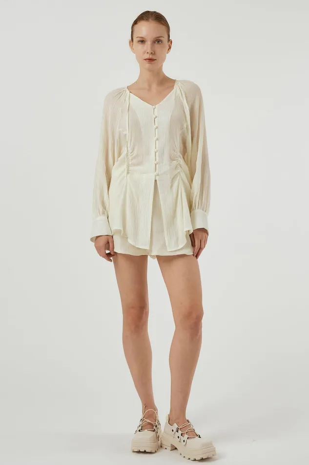 Storets Grace Sheer Top and Shorts Set Women Shirts and Blouses