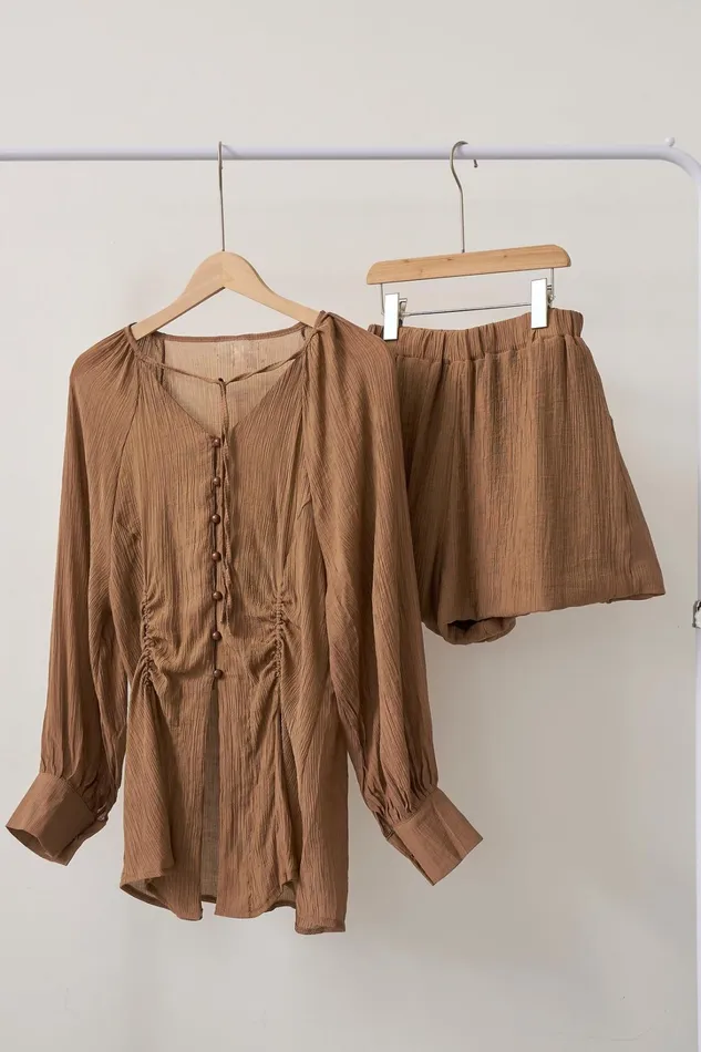 Storets Grace Sheer Top and Shorts Set Women Shirts and Blouses