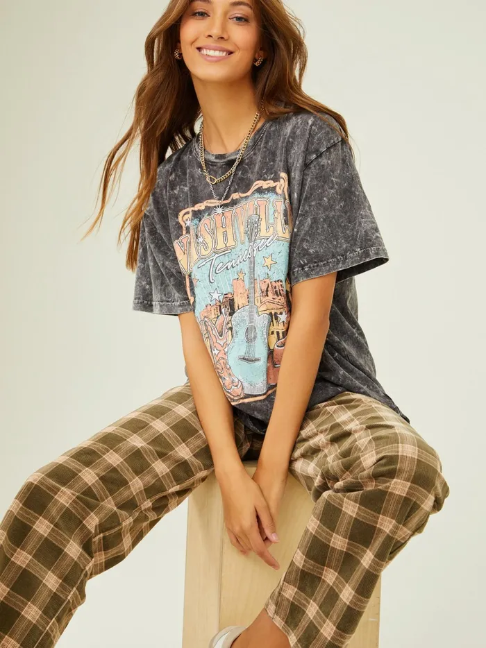 Women Altar039d State Graphics Nashville Acid Wash Tee Black