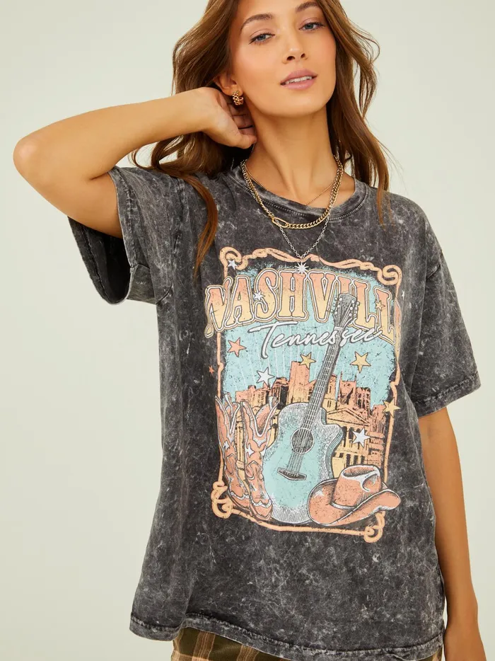 Women Altar039d State Graphics Nashville Acid Wash Tee Black