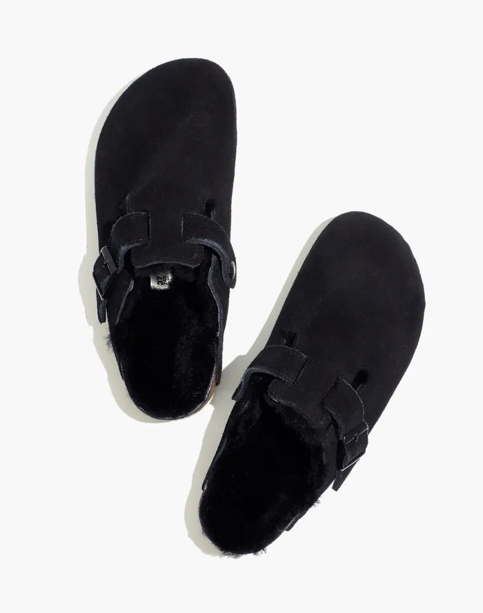 Women Birkenstock Suede Boston Clogs In Shearling Black Madewell Flats