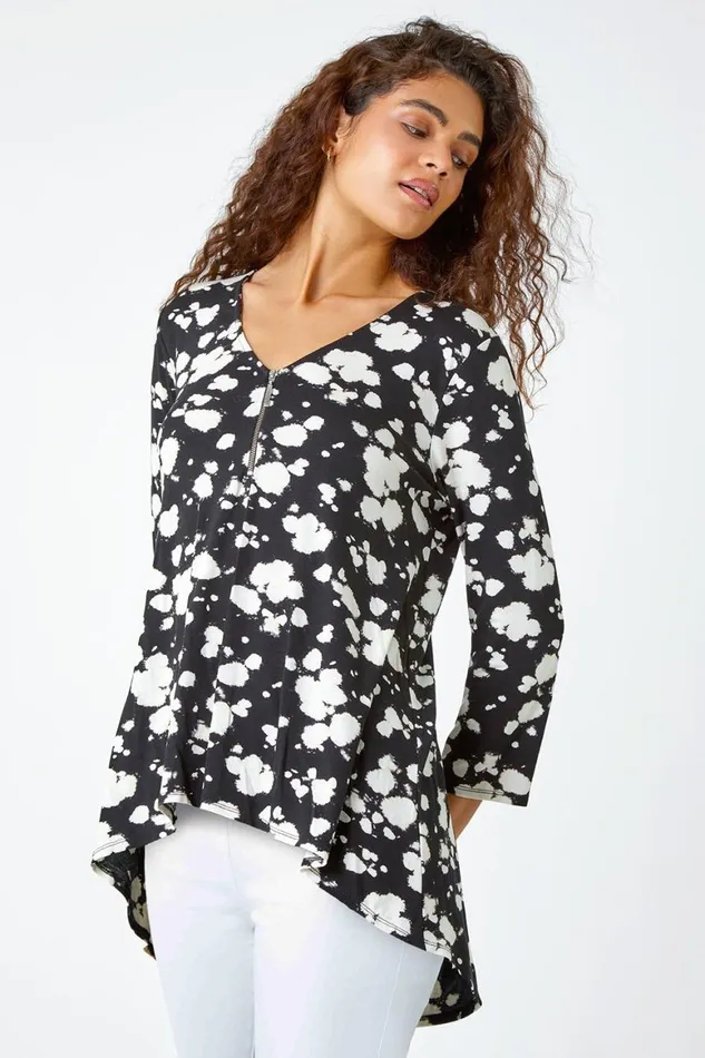 Women Black Abstract Print Zip Detail VNeck Stretch Top Roman Tops