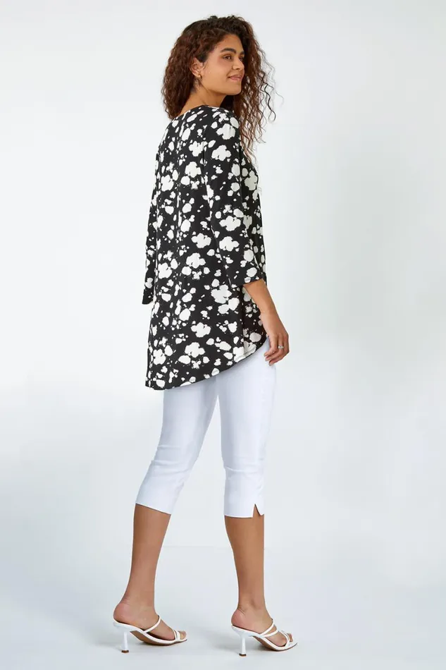 Women Black Abstract Print Zip Detail VNeck Stretch Top Roman Tops
