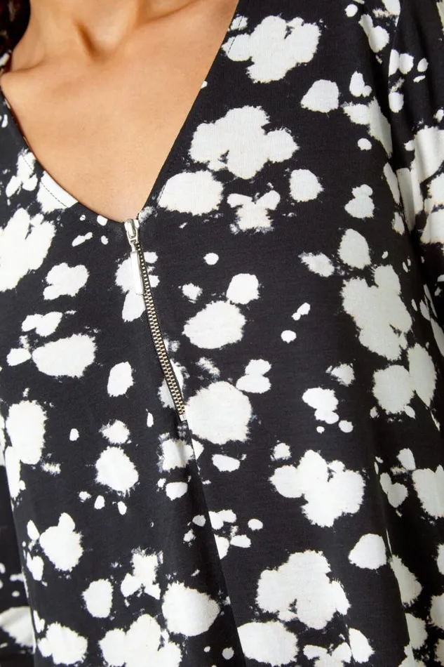 Women Black Abstract Print Zip Detail VNeck Stretch Top Roman Tops