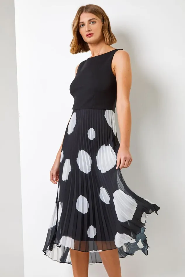Women Black Contrast Spot Print Chiffon Fit and Flare Dress Roman Dresses