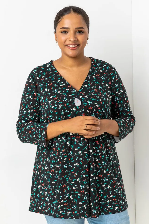 Women Black Curve Floral Print Button Detail Tunic Top Roman Tops