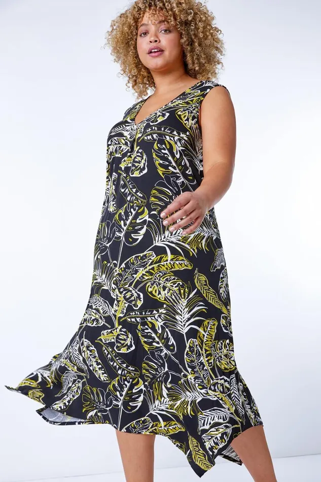 Women Black Curve Leaf Hanky Hem Stretch Dress Roman Dresses