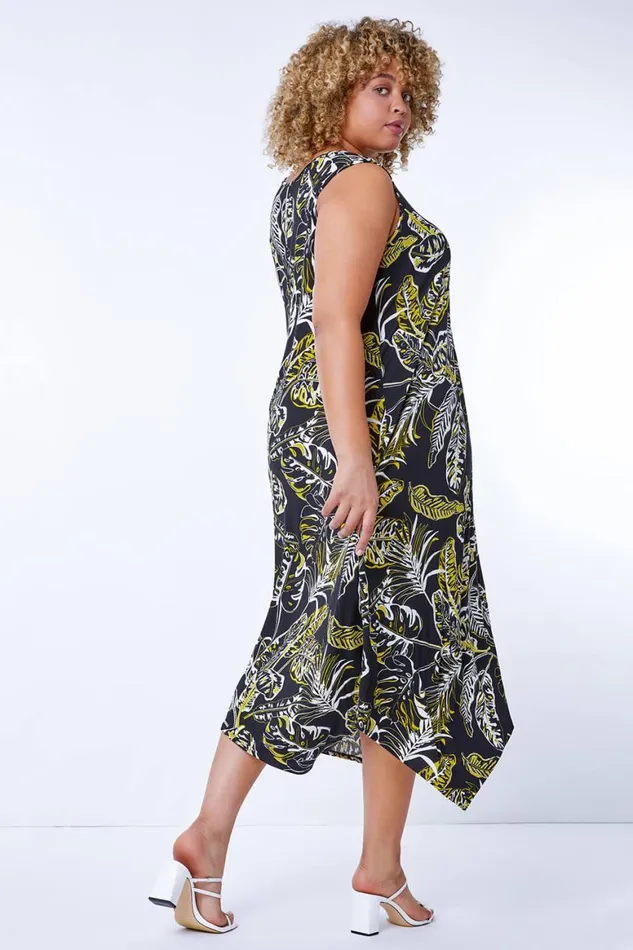 Women Black Curve Leaf Hanky Hem Stretch Dress Roman Dresses