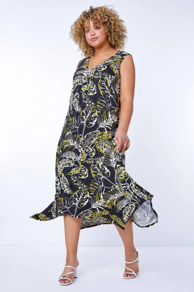 Women Black Curve Leaf Hanky Hem Stretch Dress Roman Dresses