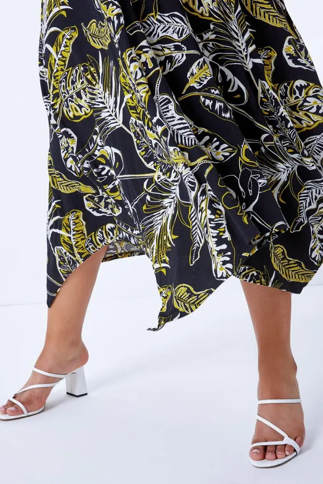 Women Black Curve Leaf Hanky Hem Stretch Dress Roman Dresses