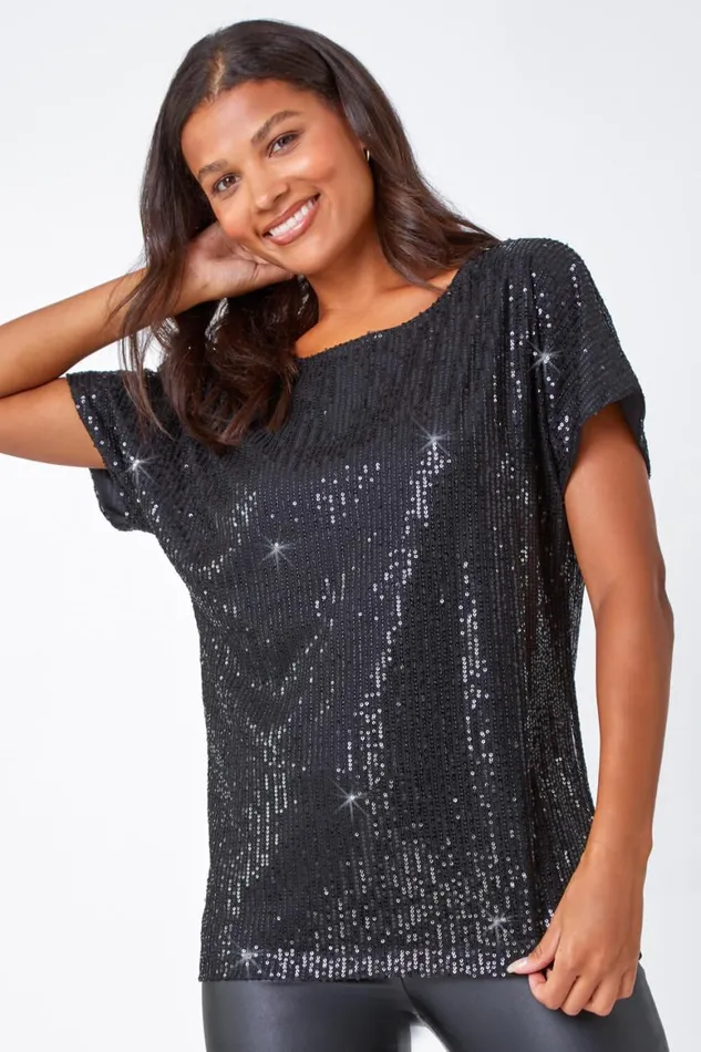 Women Black Embellished Sequin Top Roman Tops
