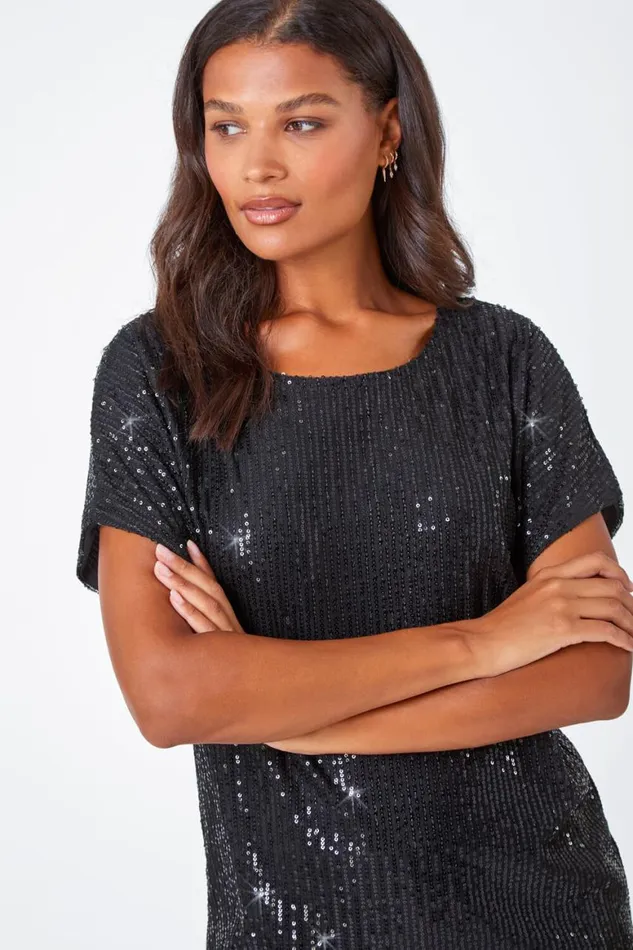 Women Black Embellished Sequin Top Roman Tops