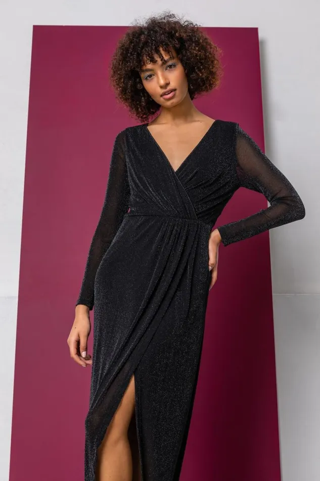 Women Black Fitted Shimmer Ruched Wrap Maxi Dress Roman Dresses