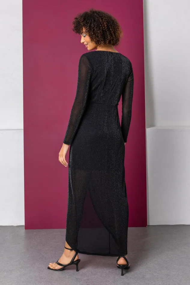 Women Black Fitted Shimmer Ruched Wrap Maxi Dress Roman Dresses