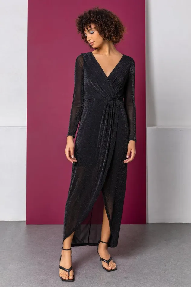 Women Black Fitted Shimmer Ruched Wrap Maxi Dress Roman Dresses