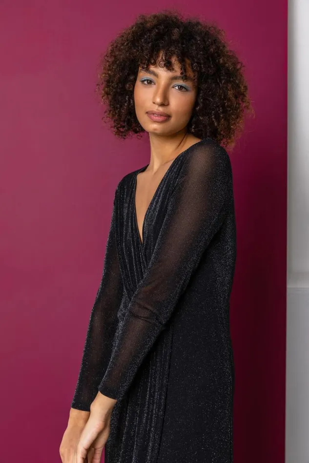 Women Black Fitted Shimmer Ruched Wrap Maxi Dress Roman Dresses