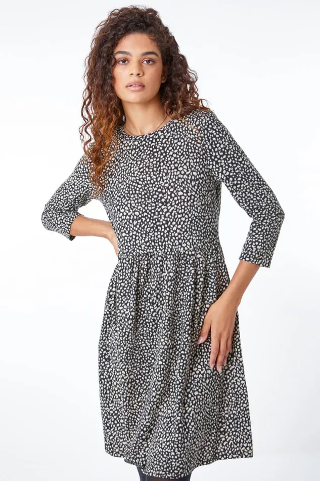 Women Black Leopard Print Stretch Dress Roman Dresses