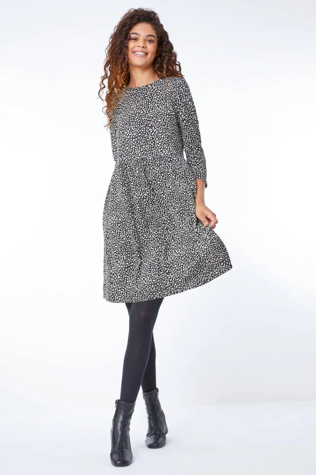 Women Black Leopard Print Stretch Dress Roman Dresses
