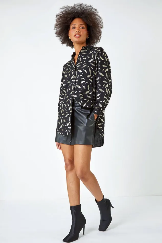 Women Black Metallic Feather Print Shirt Roman Tops