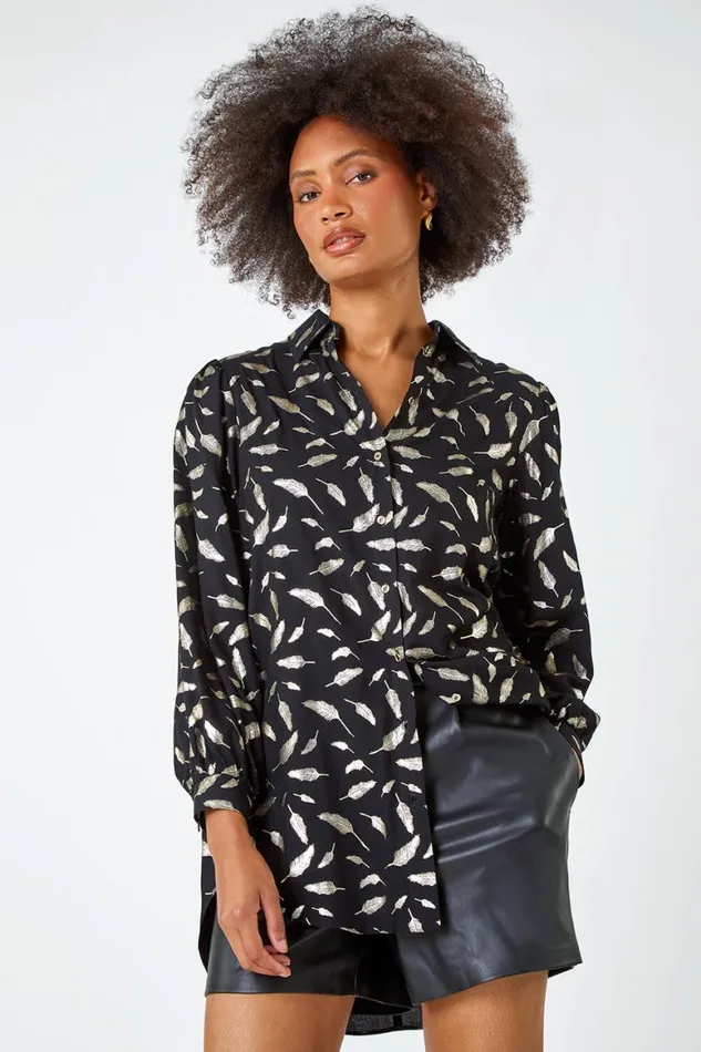 Women Black Metallic Feather Print Shirt Roman Tops