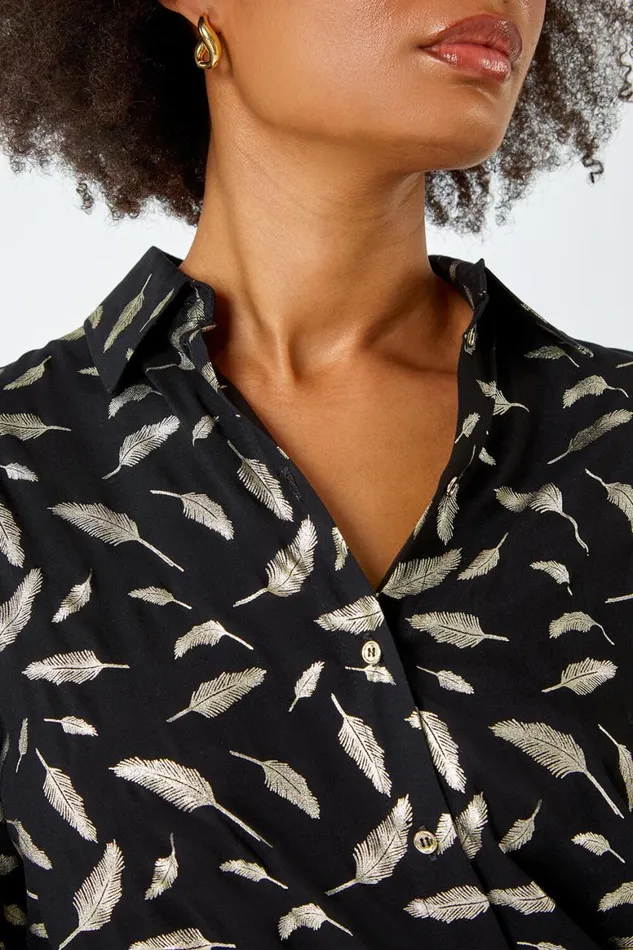 Women Black Metallic Feather Print Shirt Roman Tops
