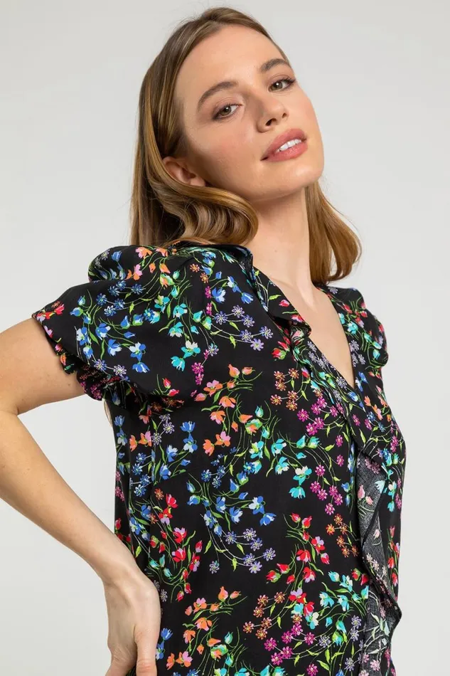 Women Black Petite Floral Print Frill Detail Top Roman Tops