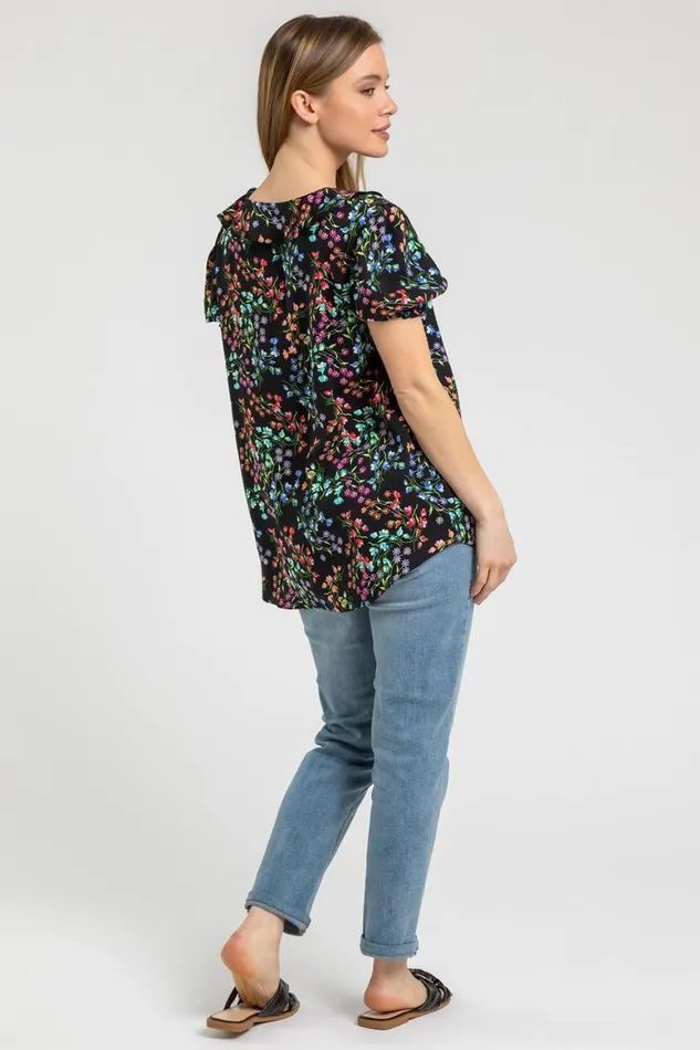 Women Black Petite Floral Print Frill Detail Top Roman Tops