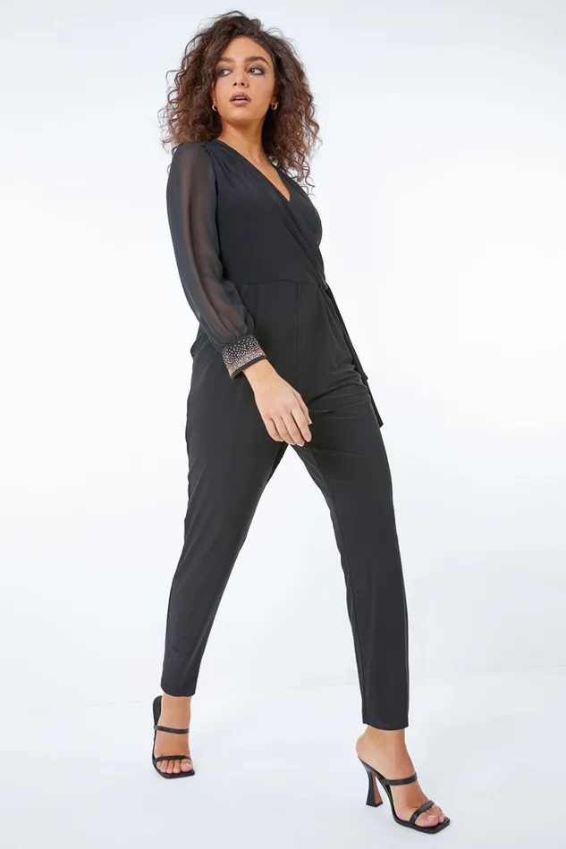 Women Black Petite Sequin Cuff Wrap Jumpsuit Roman Jumpsuits and Playsuits