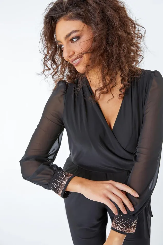 Women Black Petite Sequin Cuff Wrap Jumpsuit Roman Jumpsuits and Playsuits