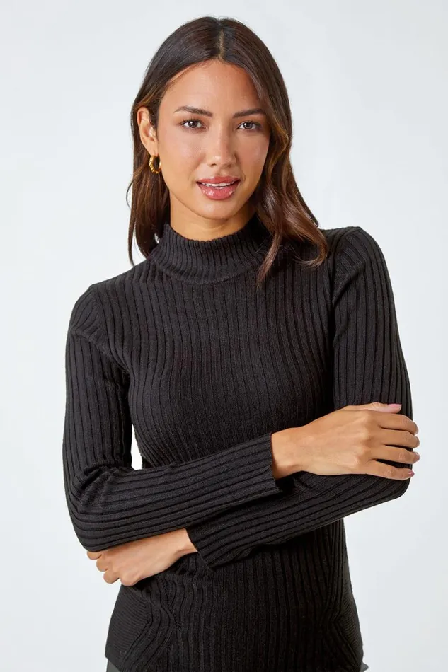 Women Black Ribbed Knit Turtleneck Jumper Roman Tops