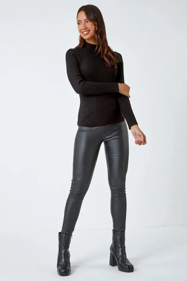 Women Black Ribbed Knit Turtleneck Jumper Roman Tops