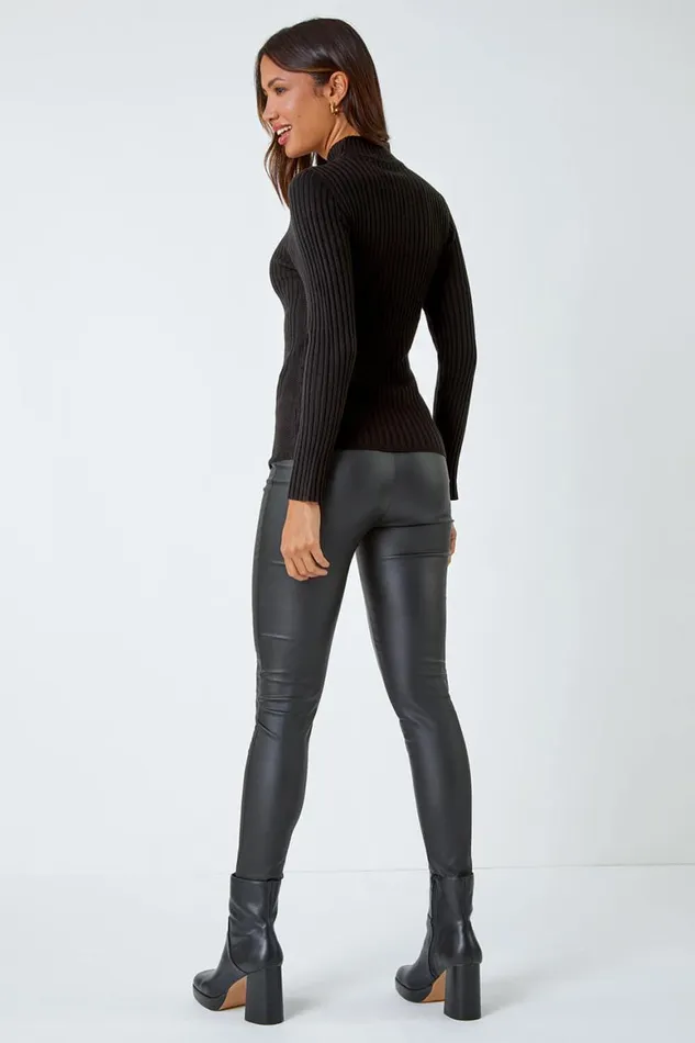 Women Black Ribbed Knit Turtleneck Jumper Roman Tops