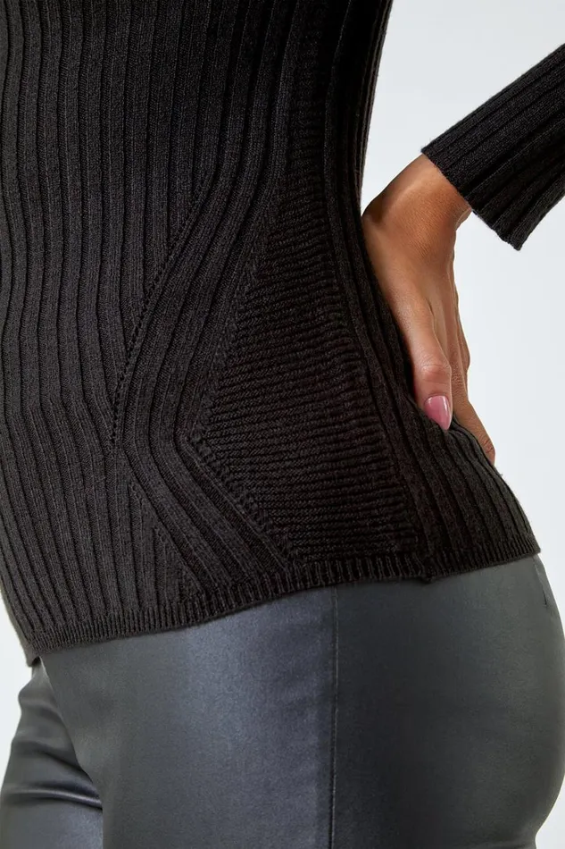 Women Black Ribbed Knit Turtleneck Jumper Roman Tops